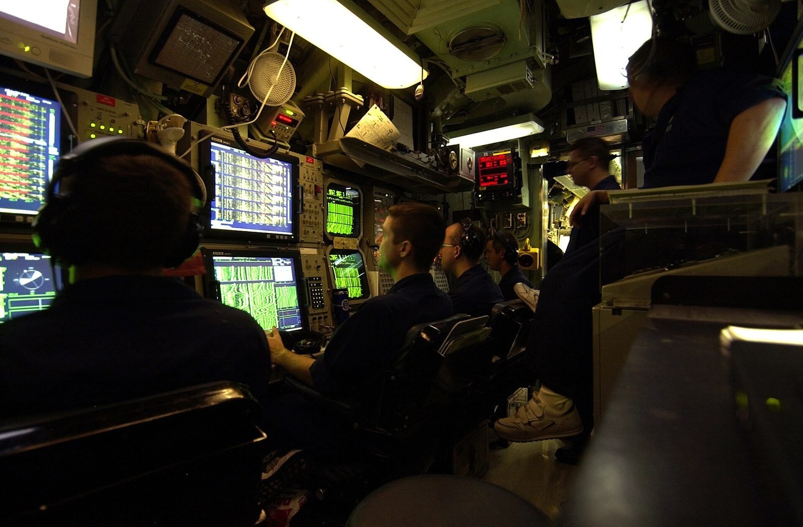 A sonar operations room aboard a submarine