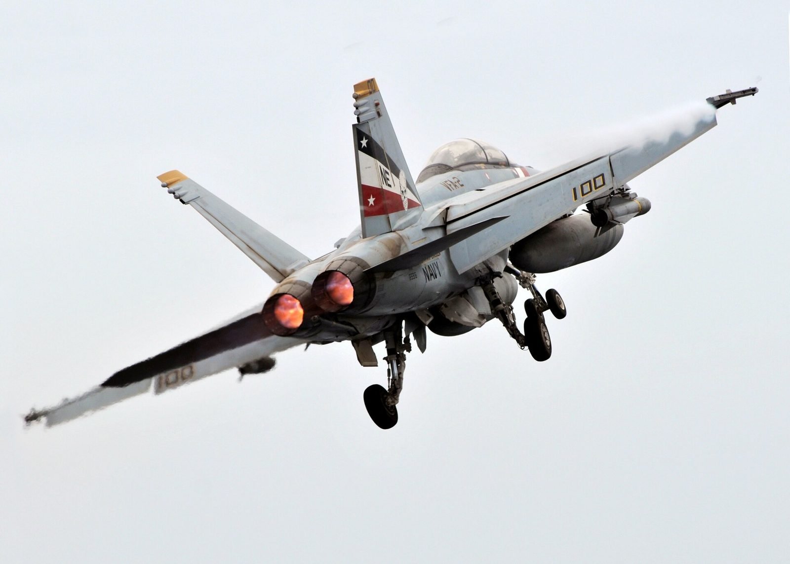 A Navy F/A-18F after launch