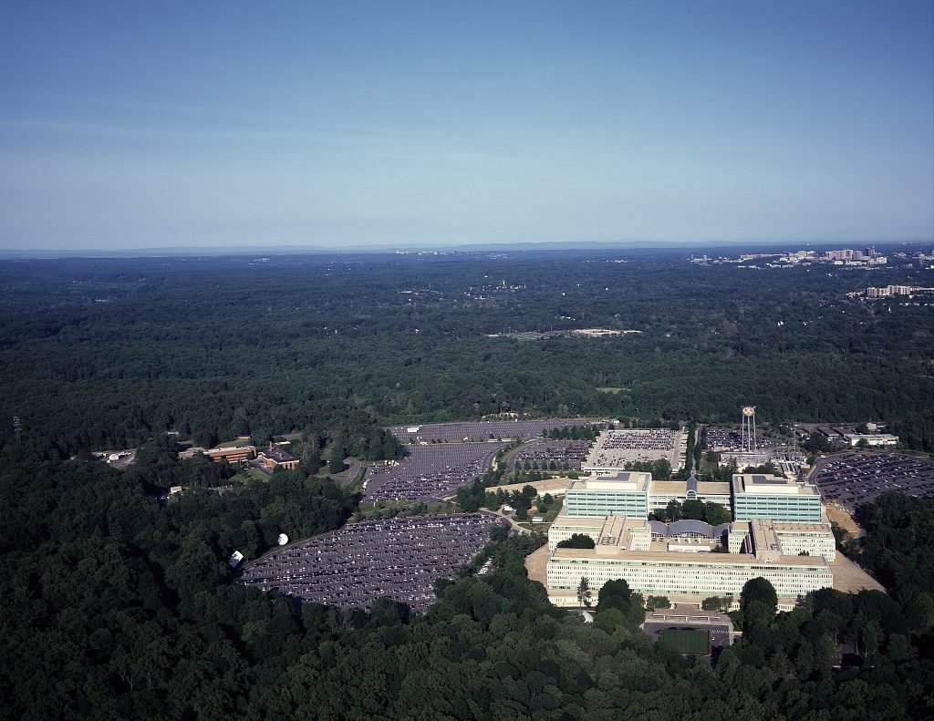 An archival aerial photograph of CIA headquarters at Langley