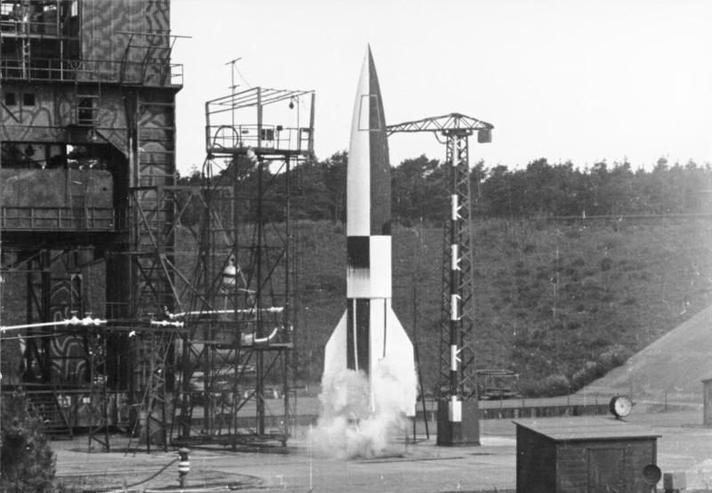 A Bundesarchiv photograph of a V2 launch at Peenemünde