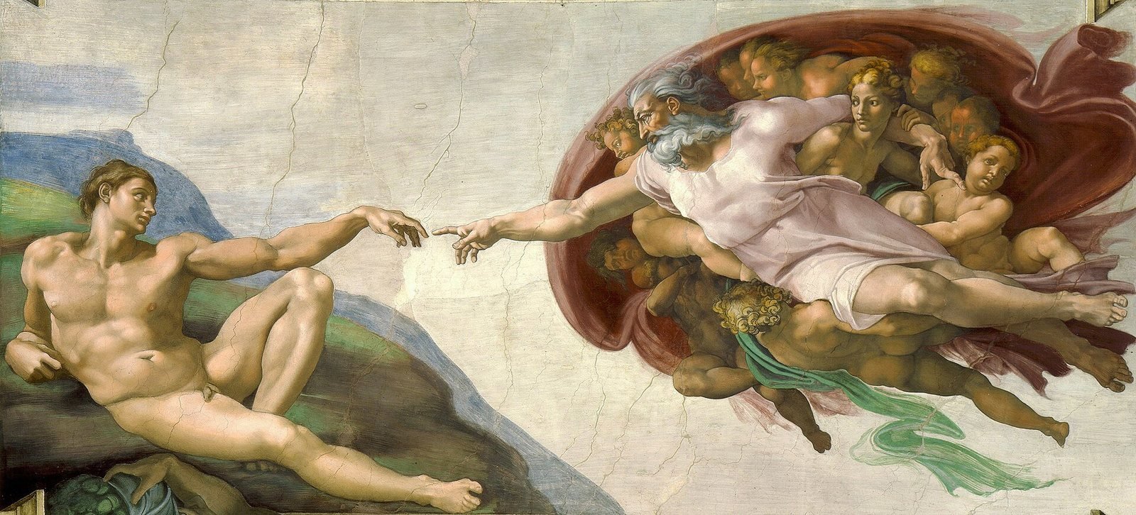 Michelangelo, The Creation of Adam, a scene on the Sistine Chapel ceiling, painted 1508–1512