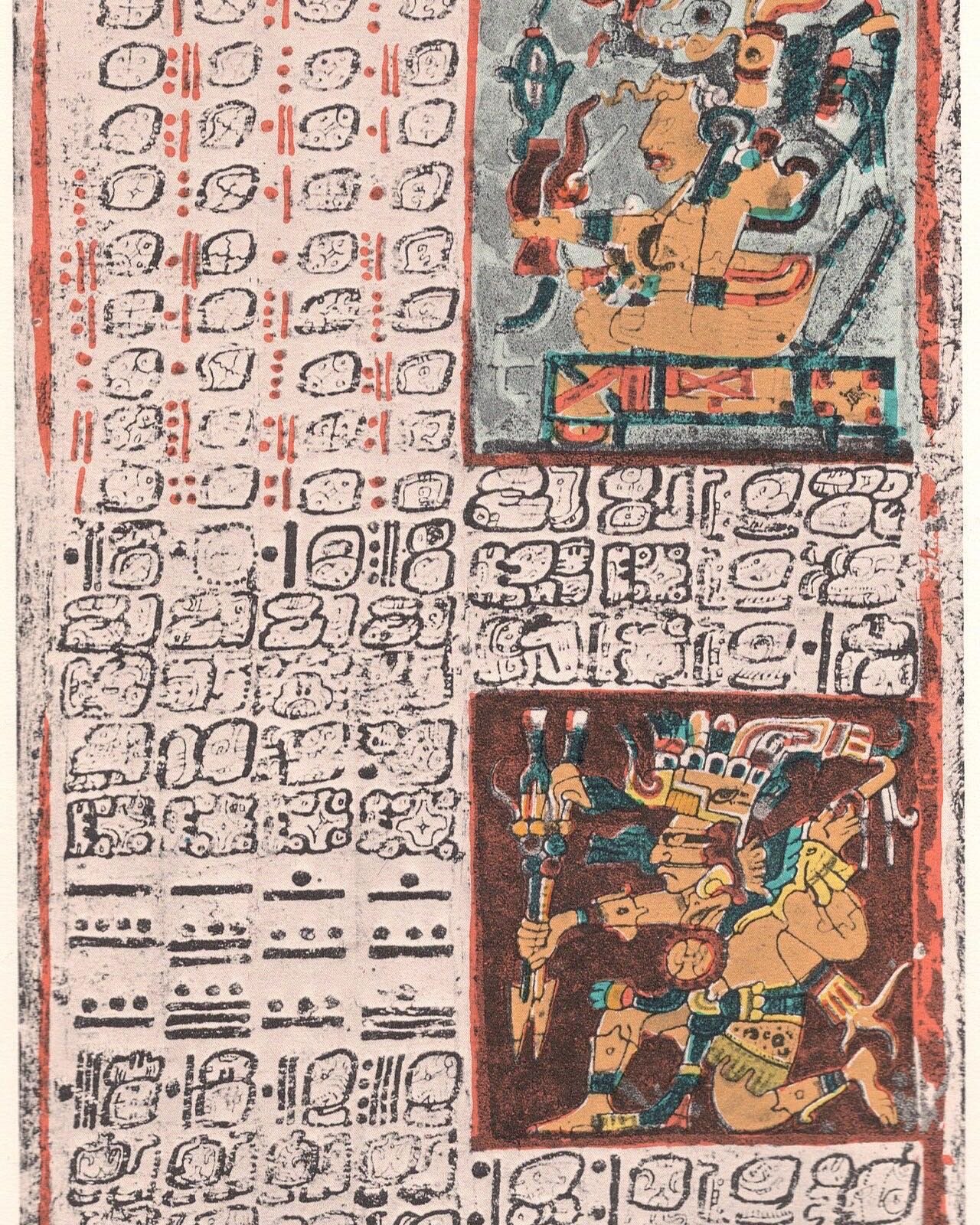 A page of the Dresden Codex, with Maya numerals, day signs, and painted figures
