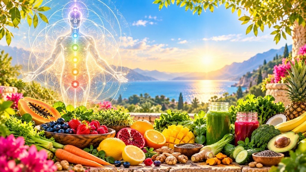Fruit, vegetables, and juices on a terrace above the sea, with a luminous figure of the body
