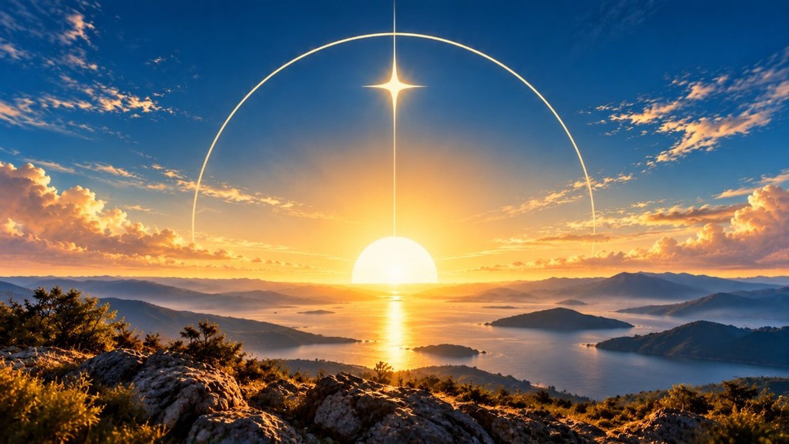 Sunrise over a fjord, a gold arc and star in the sky
