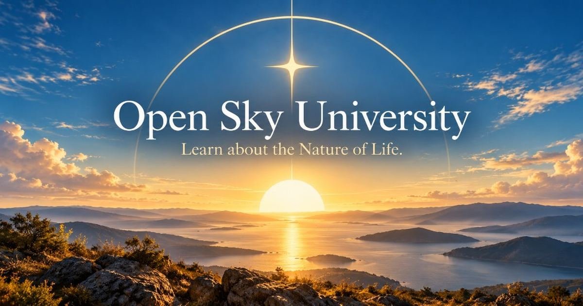 Sunrise over water with a gold arc and star, lettered Open Sky University