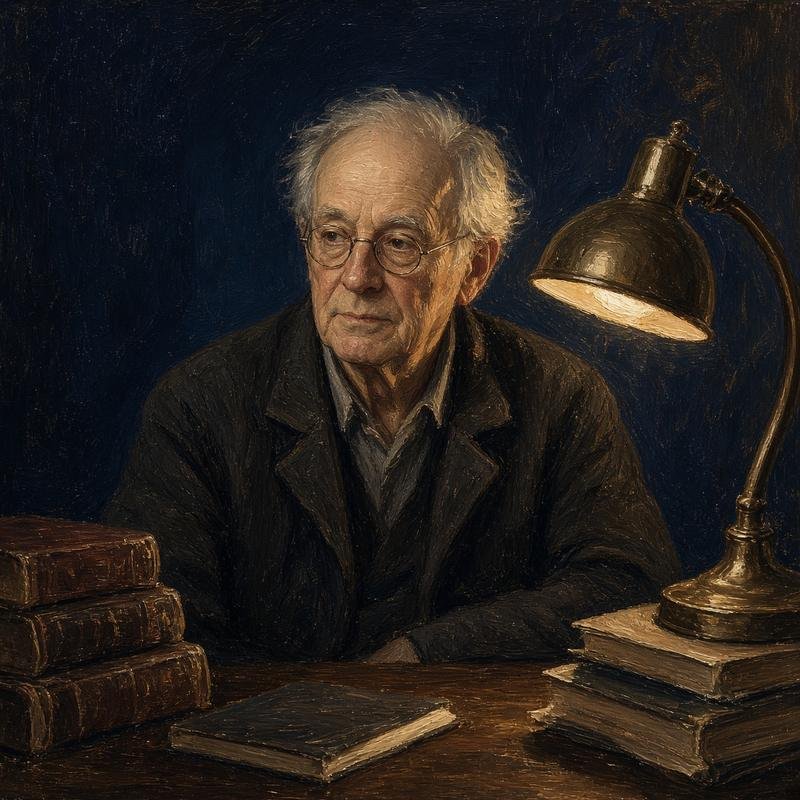 Artist impression of a writer at a desk of old books
