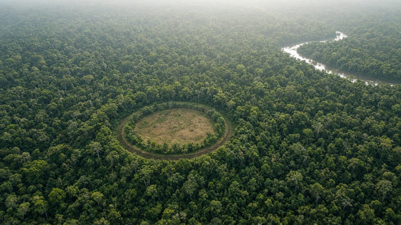 Amazon forest canopy with a circular earthwork clearing