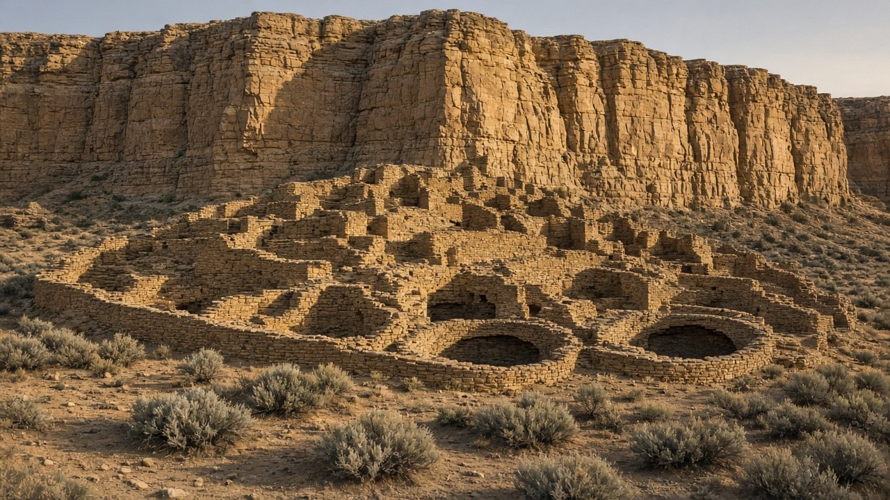 Sandstone great-house ruins in Chaco Canyon, New Mexico