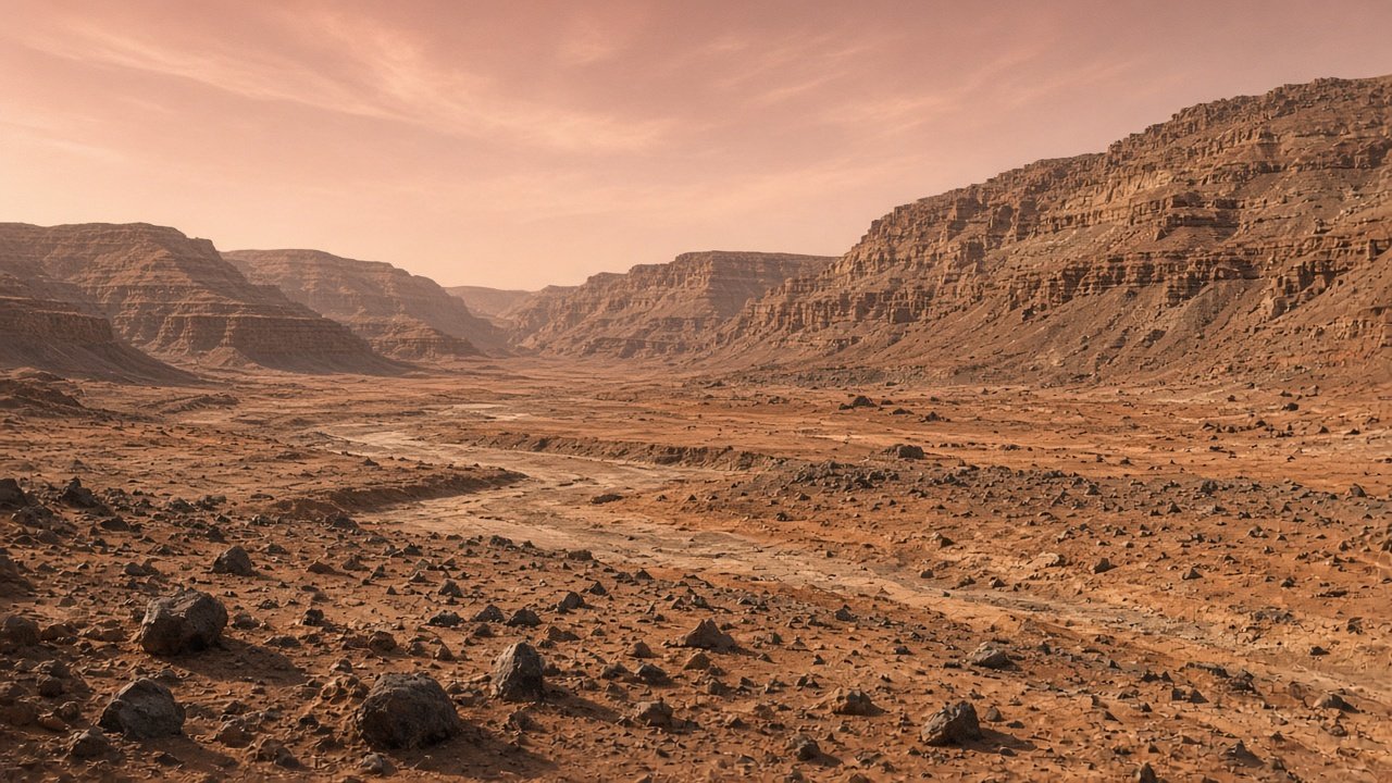 A dry layered valley on Mars under a thin salmon sky