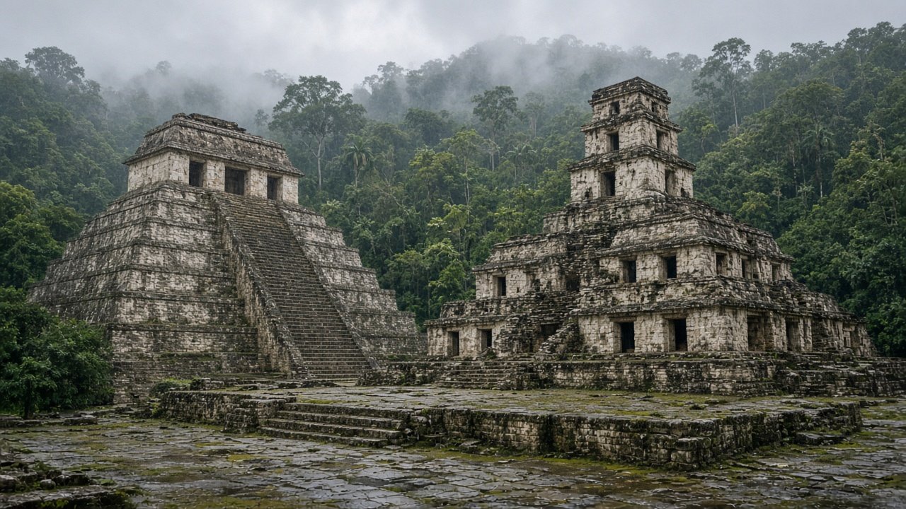 The Temple of the Inscriptions at Palenque rising from rainforest