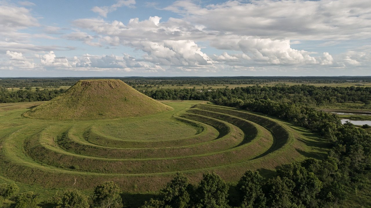Earthen ridges and a mound at Poverty Point, Louisiana