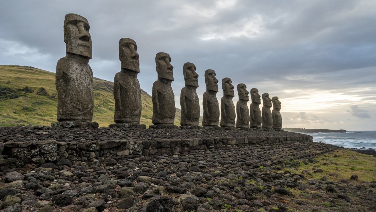 Moai standing on an ahu platform on Rapa Nui, ocean beyond