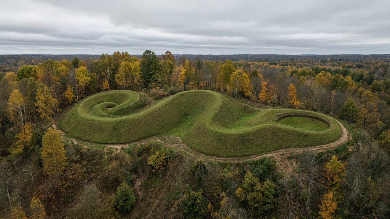The grass-covered Serpent Mound winding along an Ohio ridge