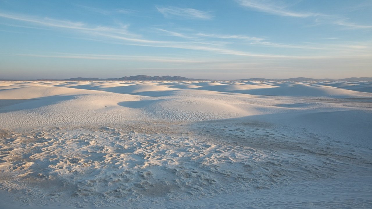 White gypsum playa at White Sands, New Mexico, with faint tracks in the dunes