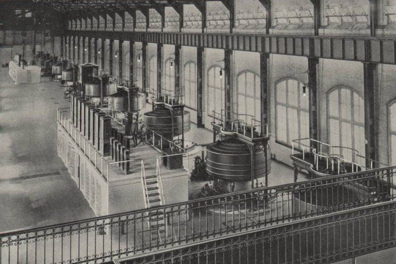 A row of large Westinghouse generators inside the power house at Niagara Falls