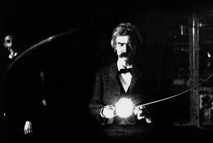 Mark Twain holding a glowing vacuum lamp in Tesla’s laboratory, with Tesla standing behind him