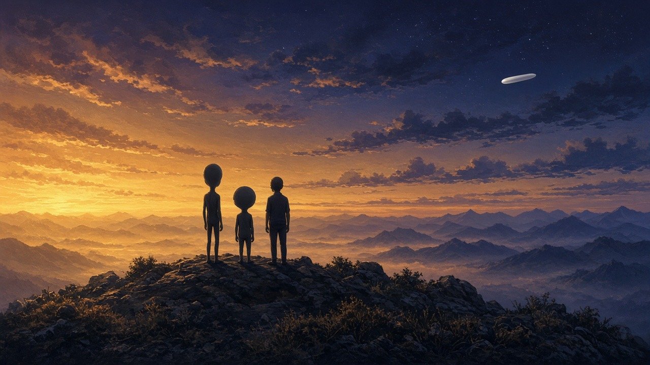 Humanoid silhouettes of different heights under a dusk sky, with a small craft far off. Artist impression, not a photograph.