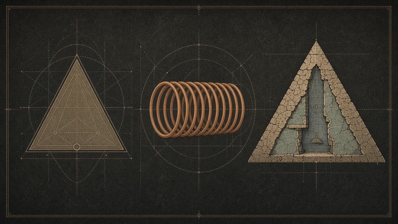 A concept plate of a triangle, a copper coil, and a pyramid in section