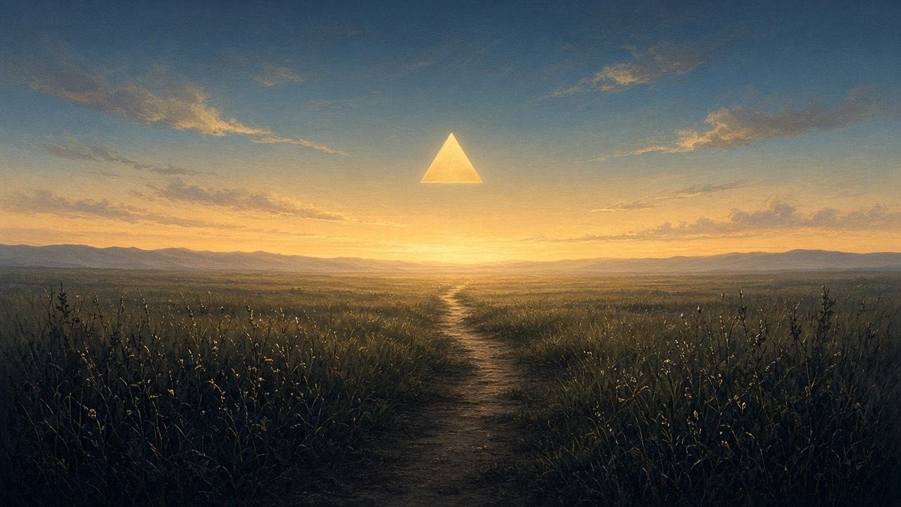 A path through grass toward a small triangle of light at dawn