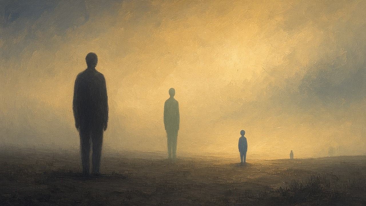 Silhouettes of different heights standing in a warm haze