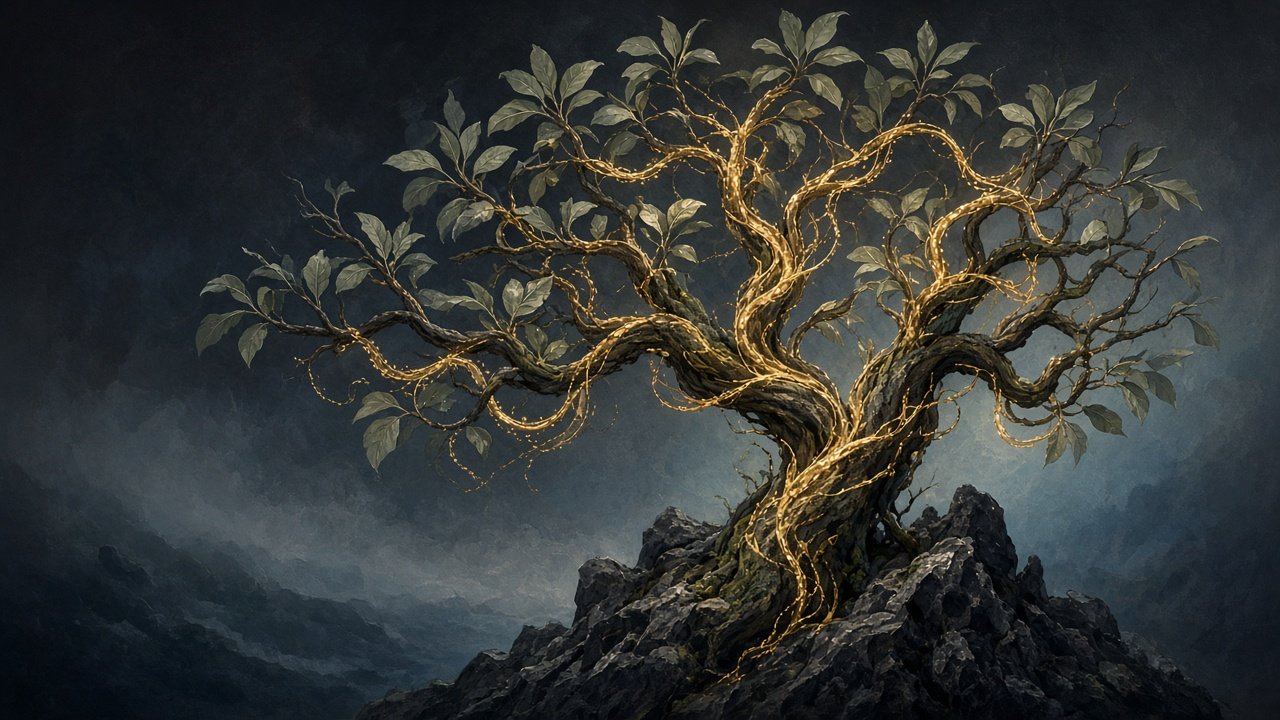 A tree growing from rock, braided with a line of light