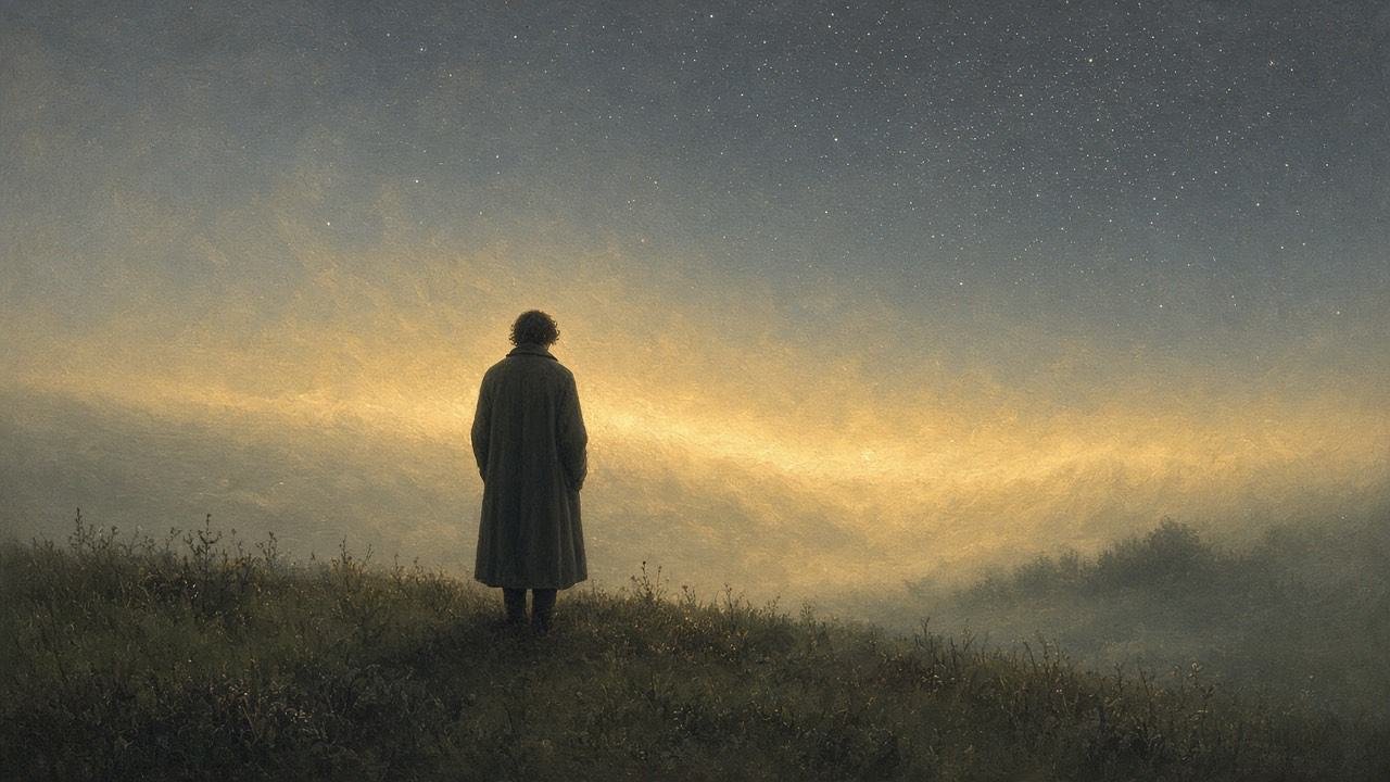 A figure seen from behind, facing a band of warm light under stars