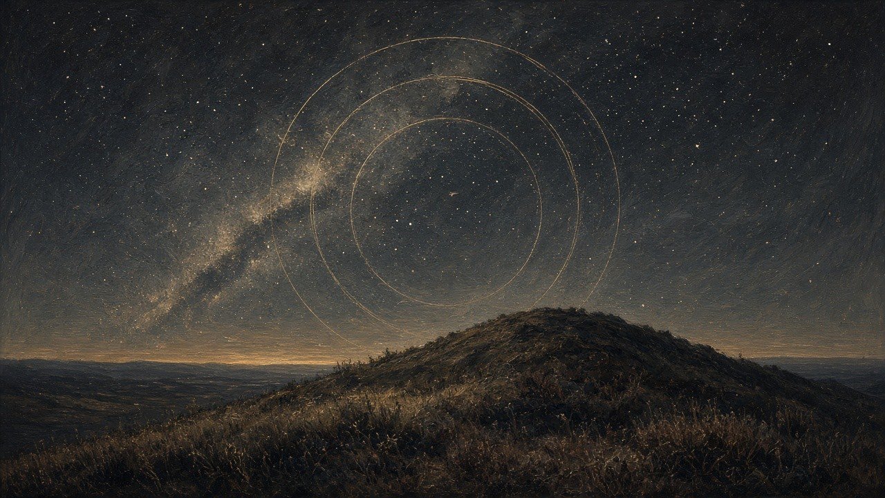 Concentric rings of starlight over a dark hill, as if a slow clock were drawn in the sky